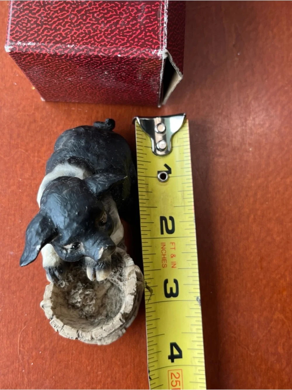 Vintage Porcelain Black & White Pig Figurine with Woven Basket Farm Model 24462